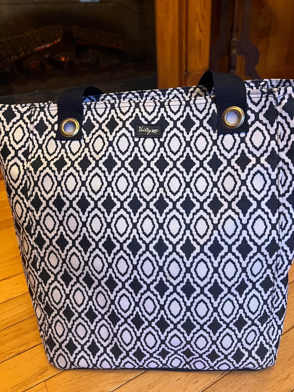 Thirty-One Tall Zip-Top Tote Bag - Blue & White Diamond Pendant